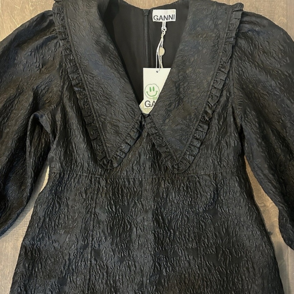 Ganni Ruffled Collar Black Long Sleeve Mini Dress - Picture 5 of 6